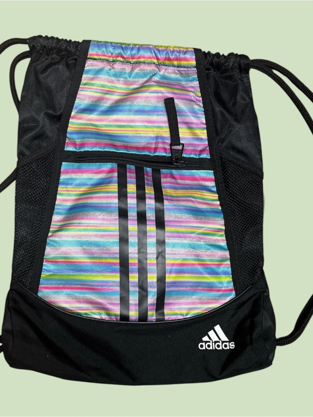 Adidas Black Rainbow Striped Drawstring Backpack Gym Travel Lightweight Unisex